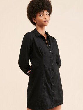 Free People Black Thea Mini Shirt Dress Snap Button Flared Cuff Long Sleeve L